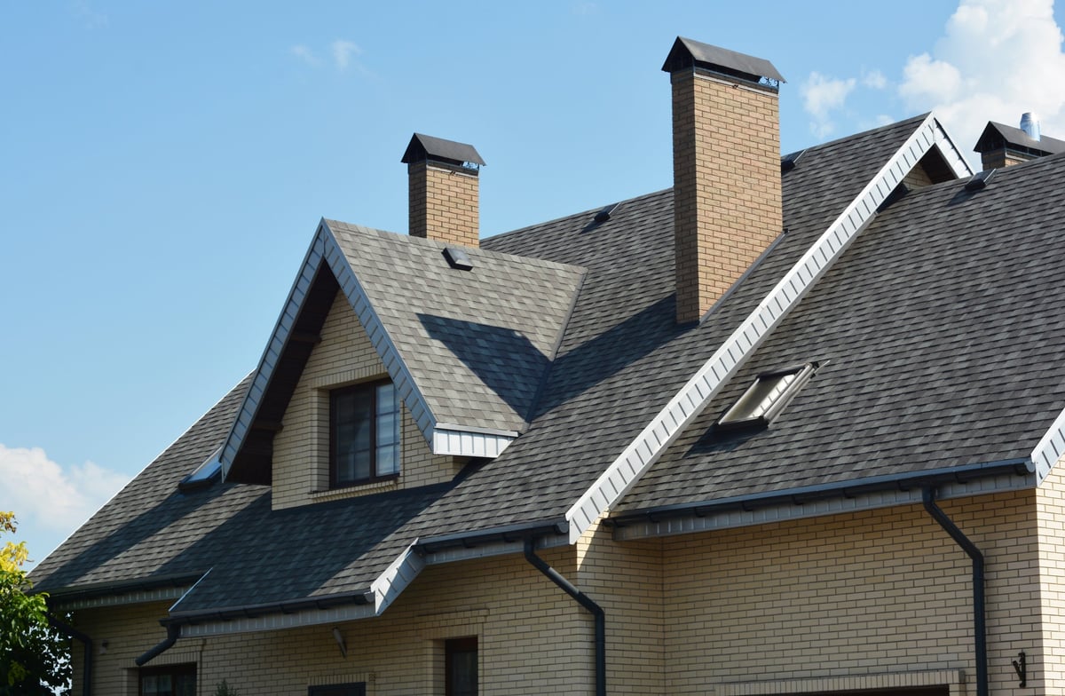 Rooftop detail showing dormer, skylights, gutter and roof vents